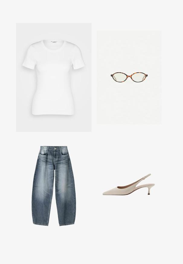 Harmaa lyhythihainen neulepaita, joka on valmistettu pehmeästä ja pörröisestä materiaalista. Siinä on pitkät hihat ja pyöreä kaula-aukko, sekä sileä ja kevyt rakenne.; Valkoinen puuvillainen t-paita lyhyillä hihoilla, pyöreällä kaula-aukolla ja ribatulla pinnalla. Sovitettu muotoilu, jossa on sileä ja siisti viimeistely.; Laivahousut, jotka on valmistettu vaaleansinisestä denimmateriaalista, jossa on haalistumista. Niissä on viisi taskua, nappisuljenta ja vain vähäisiä ompelutietoja.; Beige avokkaat, joissa on terävä kärki ja matala, löysä kanta. Valmistettu sileästä nahasta, minimalistisella suunnittelulla ja säädettävällä hihnalla.; Kilpikonnakuosiset silmälasit, joissa on soikeat linssit ja tyylikäs, sileä pinta. Ominaisuudet: ohuet sivut, joissa on hienovarainen kaari temppeleissä. Kirkkaat linssit.