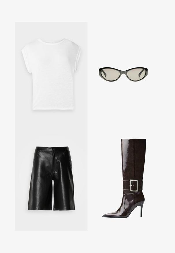 Siv krojen pulover izdelan iz mehkega, puhastega materiala. Ima dolge rokave in okrogel izrez ter gladko, lahko teksturo.; Bela kratka majica s kratkimi rokavi in okroglo ovratnikom. Mehka, lahka tkanina, sproščen kroj, s kapučinom in ravnim robom.; Črne usnjene kratke hlače z gladko teksturo, ki vključujejo sprednje žepe, zadrgo in prilagojen kroj.; Temno rjava usnjena škornja do kolen z ostrim nosom, stileto peto in širokim trakom z velikim pravokotnim srebrnim sponko.; Črne mačje očala z sivimi lečami. Plastičen okvir ima ostre robove in gladko, sijočo površino.