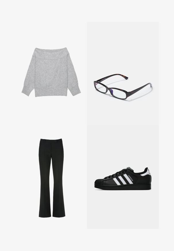 Hellgrauer gestrickter Pullover mit Carmenausschnitt, langen Ärmeln sowie gerippten Bündchen, Saum und weitem Ausschnitt.; Schwarze Hose mit ausgestelltem Bein-Design, gefertigt aus glattem Stoff, mit einem vorderen Knopfverschluss und subtilen, genähten Falten.; Schwarzer Adidas Superstar Sneaker mit weißen Streifen, Schalenzehen und "Superstar"-Schriftzug an der Seite, im Seitenprofil auf weißem Hintergrund dargestellt.; Rechteckige Brille mit Schildpatt-Muster, schwarzem Kunststoffrahmen und transparenten Gläsern. Mit dünnen Bügeln und leicht geschwungenen Enden.; Hobo-Tasche aus weichem beigen Wildleder mit einer lässigen Form, breitem Schulterriemen und einer handgestickten Nahtdetail entlang der Vorderseite.