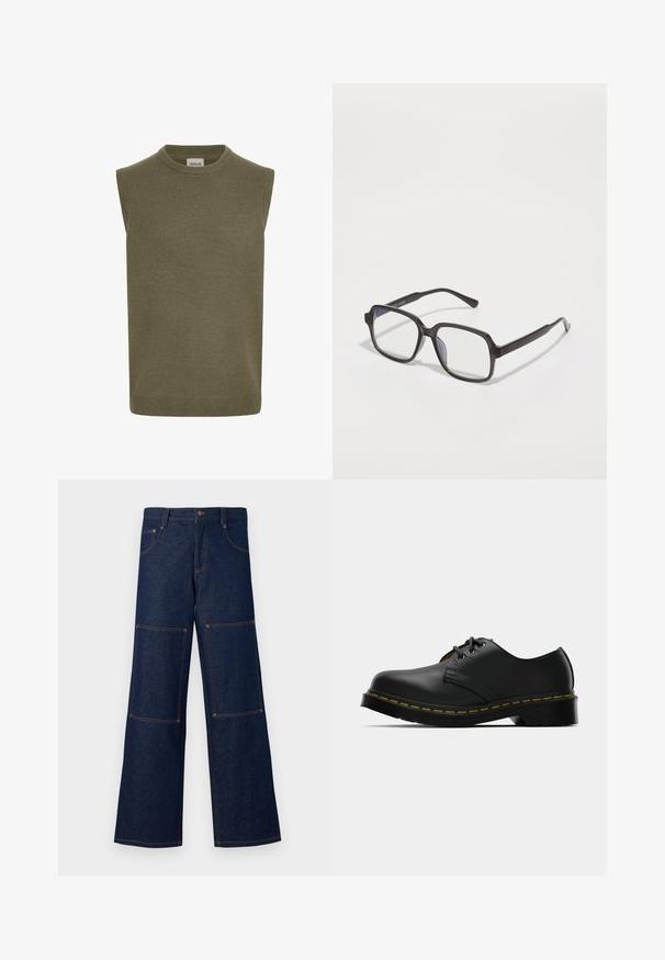 Hihaton neuleliivi oliivinvihreänä, ribbiknittiä, pyöreä kaula-aukko, suora leikkaus ja hillitty helma-yksityiskohta. Merkin etiketti näkyy sisäpuolella.; Valkoinen lyhythihainen T-paita, joka on valmistettu puuvillasta. Paita on pyöreäkauluksinen, väljästi leikattu ja suorahelmainen. Ei kuvioita eikä koristeita.; Tumma sininen farkkukangas leveälahkeiset housut, joissa on kontrastiväriset oranssit tikkausompeleet, ja suuria läpätaskuja joka lahkeessa sekä nappikiinnitys vyötäröllä.; Mustat nahkakengät, joissa on pyöreä kärki, nauhaketju, keltainen ommel pohjan reunassa ja paksu musta kumipohja, joka takaa pidon.; Mustat suorakulmaiset silmälasit, joissa on kirkkaat linssit, litteä silta ja kapeat vartaat, esittelee sileän muovipinnan.; Ruskea kangaskassi, jossa on kaksi kahvaa ja valkoinen painettu teksti "KARL LAGERFELD PARIS 21 RUE ST-GUILLAUME." Yksinkertainen muotoilu ja tilava malli.