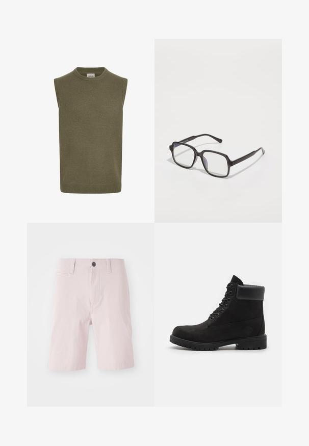 Bezrękawnik w oliwkowej zieleni, o prążkowanej strukturze, okrągłym dekolcie, prostym kroju i subtelnym wykończeniu. Widoczna metka marki wewnątrz.; Biała krótka koszulka z krótkim rękawem, wykonana z bawełny, z okrągłym dekoltem i luźnym fasonem oraz prostym dołem. Bez wzorów ani ozdób.; Jasnoróżowe szorty z bawełny, z płaskim przodem, szlufkami na pasek, jednolitą zapiętą na guzik i bocznymi kieszeniami. Gładka faktura.; Czarne botki na kostkę z wiązaniem, z wyściełanym kołnierzem i solidną podeszwą, pokazane w profilu na białym tle.; Czarne prostokątne okulary z przezroczystymi soczewkami, z płaskim mostkiem i smukłymi ramionami, prezentujące gładką plastikową fakturę.