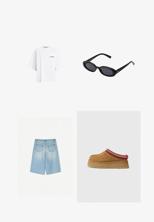 Bruine gebreide trui van zachte stof, met een ronde hals, korte mouwen en een ontspannen pasvorm. Gevoelige afwerking met een gladde oppervlakte.; Witte oversized t-shirt van katoen met korte mouwen en een ronde halslijn, voorzien van een klein zwart tekstlogo op de linkerborst.; Lichtblauwe denimshorts met een relaxte fit, voorzien van twee achterzakken en een recht vallend ontwerp. Schone zoom en zachte textuur.; Bruine suède instapschoen met een rood en crèmekleurig patroon aan de rand, een gestructureerde zool en het UGG-logo aan de zijkant. Heeft een lichte platformhoogte.; Zwarte oversized zonnebril met ovale lenzen, een glad plastic montuur en gouden accenten op de pootjes. Donkere lenzen bieden bescherming tegen de zon.; Geweven tan handtas met een ronde handgreep, gemaakt van zacht leer. Voorzien van een ritssluiting en een ingewikkeld vlechtpatroon.