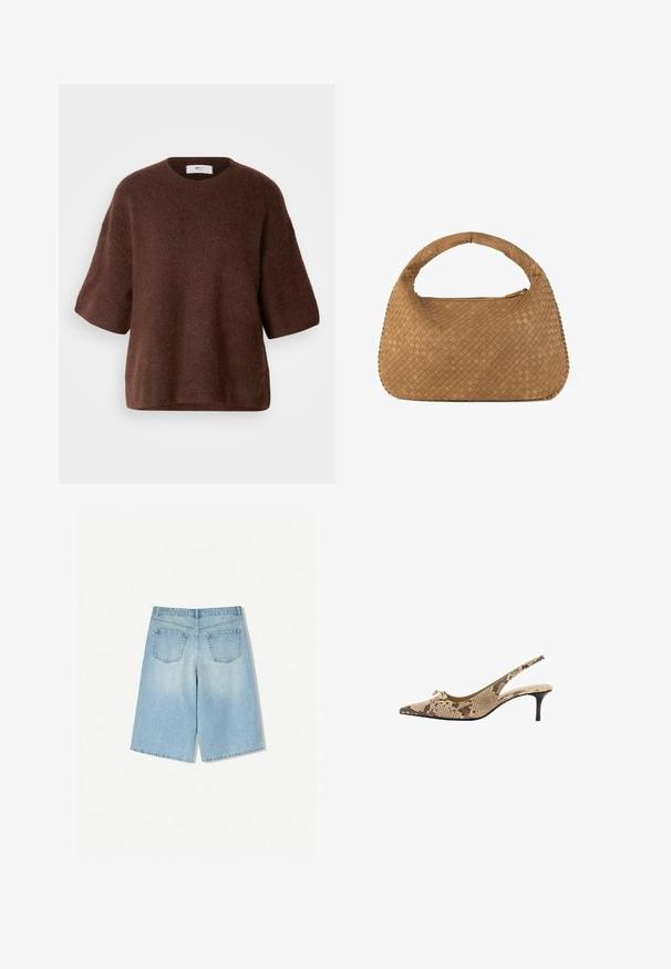 Brown knitted sweater made of soft fabric, featuring a round neck, short sleeves, and a relaxed fit. Textured finish with a smooth surface.; Light blue denim shorts with a relaxed fit, featuring two back pockets and a straight leg design. Clean hem and soft texture.; Mango Classic heels - beige; Woven tan handbag with a rounded handle, crafted from soft leather. Features a zippered closure and intricate basketweave pattern.