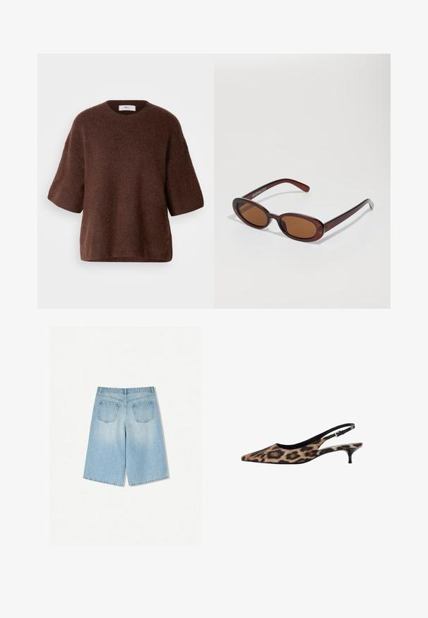 Rjav pleten pulover iz mehkega materiala, z okroglo ovratnico, kratkimi rokavi in sproščenim krojem. Teksturirana površina z gladkim zaključkom.; Svetlo modri denim kratki hlače s sproščenim krojem, ki vključujejo dva zadnja žepa in ravno obliko nogavic. Čist rob in mehak material.; Mango Klasične pete - black; Okrogle, rjavo obarvane sončne naočare z sijočim burgundskim okvirjem. Tanek nosilec s subtilnim logotipom. Oblika leč je ravna.; Tkanšna svetlo rjava torbica z zaobljenim ročajem, izdelana iz mehkega usnja. Ima zadrgo in zapleten vzorec košarice.