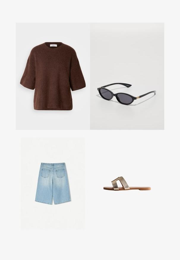 Bruine gebreide trui van zachte stof, met een ronde hals, korte mouwen en een ontspannen pasvorm. Gevoelige afwerking met een gladde oppervlakte.; Lichtblauwe denimshorts met een relaxte fit, voorzien van twee achterzakken en een recht vallend ontwerp. Schone zoom en zachte textuur.; Gouden metalen platte sandalen met twee brede banden, een platte tan zool en een gladde textuur. Minimalistisch ontwerp geschikt voor casual gebruik.; Zwarte zonnebril met ovale glazen, donkere verloop-tint en slanke pootjes met subtiele gouden accenten. Glad plastic afwerking.; Geweven tan handtas met een ronde handgreep, gemaakt van zacht leer. Voorzien van een ritssluiting en een ingewikkeld vlechtpatroon.