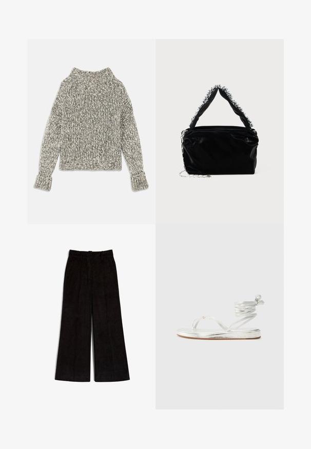 Chunky knit sweater in cream and grey hues. Features a wide ribbed collar and cuffs, with a boxy shape and textured pattern throughout.; Black wide-leg corduroy trousers featuring a textured surface and two front pleats, designed with a standard waist and straight hemline.; Silver metallic sandals with a thong design, an ankle wrap strap, and a flat sole featuring a textured finish.; Black faux leather handbag with a textured finish, featuring a beaded silver accent along the top handle and a chain strap.
