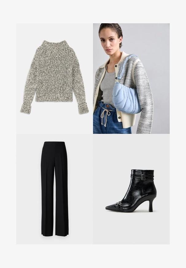 Pull en tricot épais dans des teintes crème et gris. Il présente un large col et des poignets côtelés, avec une coupe carrée et un motif texturé tout au long.; Pantalons noirs à jambes larges avec une texture lisse, dotés d'une taille haute et de plis centraux. Pas de motifs visibles ni de détails en matériel.; Tamaris Bottines compensées - black; Sac à main léger et moelleux de couleur bleu clair avec une texture ondulée, doté d'une bandoulière tressée avec des accents en forme d'étoile, associé à un cardigan gris et à un denim.