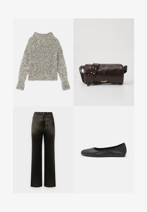 Tömény kötésű pulóver krém és szürke árnyalatokban. Széles bordás gallérral és mandzsettákkal rendelkezik, dobozos formájú, és textúrázott mintázat díszíti.; Fekete, selymes anyagú, széles szárú nadrág, magas derékkal, elülső zsebekkel és fém gomb részletekkel. Simaság és elegáns dizájn jellemzi.; Fekete bőr balettcipő lekerekített orral, sima tekstúrával, minimális varrással és rugalmas talp kialakítással.; Barna krokodilbőr hatású bőr táska henger alakú, arany tónusú fémveretekkel és lecsatolható, szegecsekkel díszített pánttal.