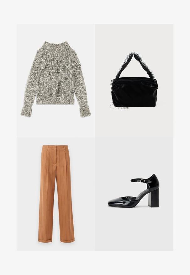 Hrejivý sveter s hrubým pletením v krémových a sivých odtieňoch. Má široký rebrovaný golier a manžety, s boxy strihom a textúrovaným vzorom po celom povrchu.; Hnedé pruhované nohavice s prenikavým dizajnom, s plisovaním, rovný strih a manžetou. Vyrobené z hladkej látky.; Čierne lakované dámske topánky na vysokom opätku so štvorcovou špičkou, remienkom okolo členku a masívnym opätkom. Obsahuje perforované detaily pozdĺž lemu.; Čierna kabelka z umelého kože s textúrovaným povrchom, s perlovým strieborným akcentom pozdĺž vrchnej rukoväte a reťazovým popruhom.
