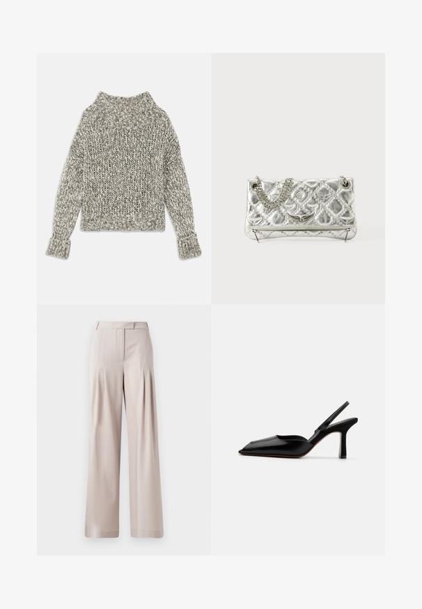 Hrejivý sveter s hrubým pletením v krémových a sivých odtieňoch. Má široký rebrovaný golier a manžety, s boxy strihom a textúrovaným vzorom po celom povrchu.; Béžové široké nohavice s hladkou štruktúrou, plisovaným predným dizajnom a prispôsobeným pásom. Vhodné na formálne aj neformálne nosenie.; Čierne kožené sandále na podpätku s špicatou špičkou, minimalistický dizajn, tenký remienok okolo členka a elegantný stiletto podpätok. Hladká textúra.; Strieborná metalická kabelka s reťazovým držadlom, prešívanou textúrou, dekoratívnym prešívaním a zipsovým uzáverom. Na prednej strane má vyrazené akcenty.
