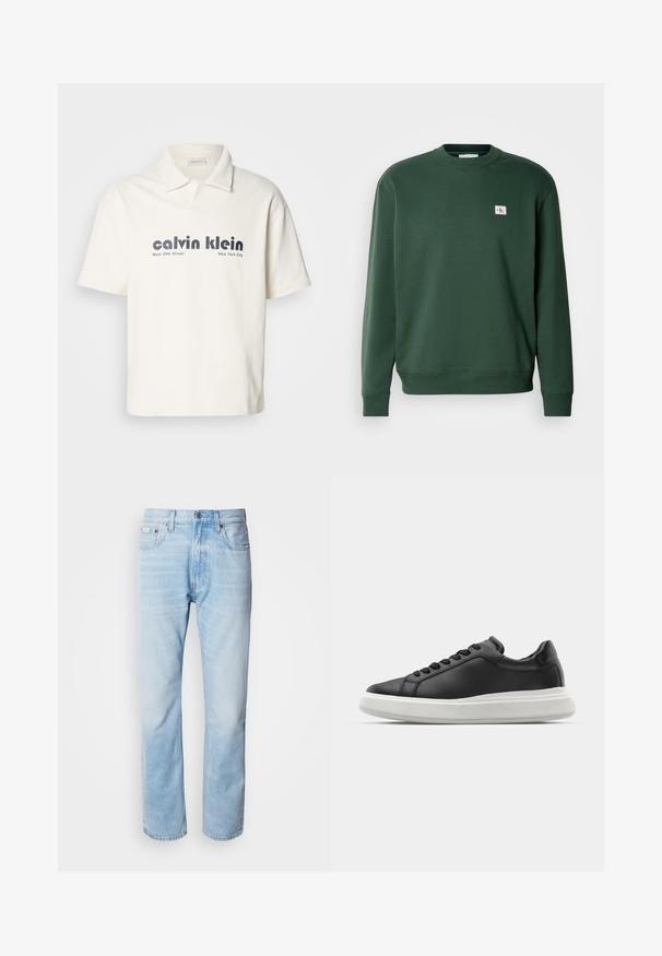 Zelená mikina vyrobená z bavlněné směsi, s kulatým výstřihem a žebrovanými lemy. Malá logo nášivka na hrudi. Hladká textura.; Krémová polo košile s krátkým rukávem, s kontrastním tmavě šedým logem a nápisem "calvin klein", vyrobená z hladkého bavlněného materiálu.; Světle modré džíny s rovnou nohavicí, s vybledlými částmi, pěti kapsami a klasickým zapínáním na knoflík.; Černé kožené tenisky s hladkým povrchem, bílou gumovou podrážkou, zaobleným tvarem, šesti očky na tkaničky a nenápadným brandingem na patě.