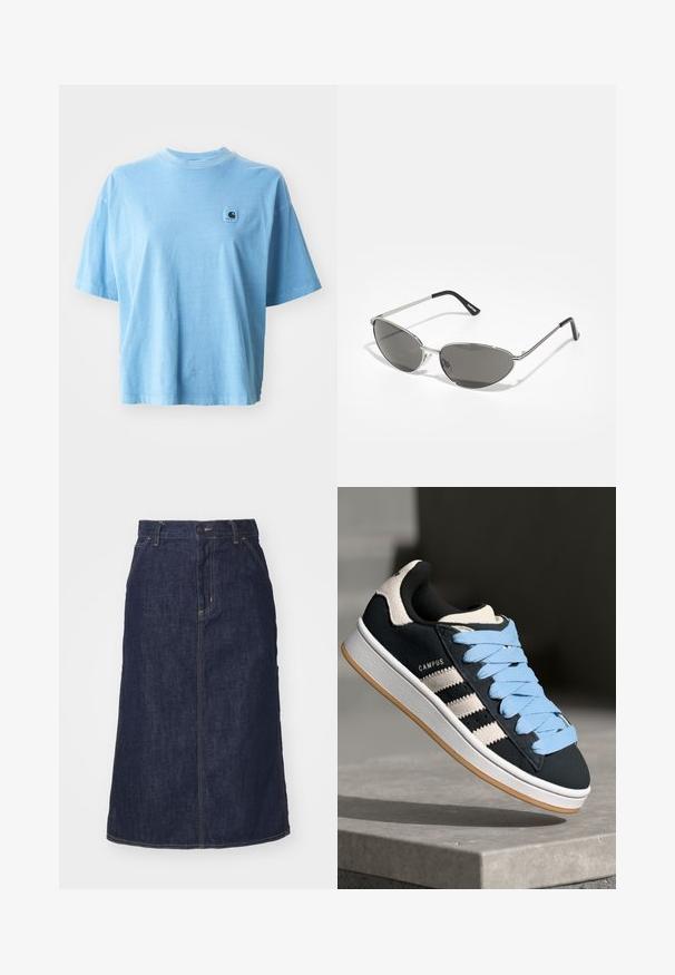 Crna izrezana dukserica od pamuka s kapuljačom na vezanje. Ima grafički otisak u plavoj boji koji prikazuje likove i tekst.; Svijetloplava pamučna majica s okruglim izrezom, kratkim rukavima i kvadratnom logotipnom oznakom na lijevoj strani prsa. Mekan materijal i opušteni kroj.; Tamni traper suknja s visokim strukom, ravnog kroja, prednjim džepovima i šavovima. Ima zatvarač i dugme na struku.; Crne nubuk tenisice s svijetloplavim vezicama, tri bijele pruge sa strane i gumeni potplat. "CAMPUS" logo blizu pete.; Naočale s modernim srebrnim metalnim okvirom, sivo zaštićenim lećama i aerodinamičnim dizajnom sa oštrim ivicama i tankim nogicama.; Zlatne kružne naušnice, tanke i okrugle, s glatkom metalnom površinom bez ukrasa ili uzoraka.