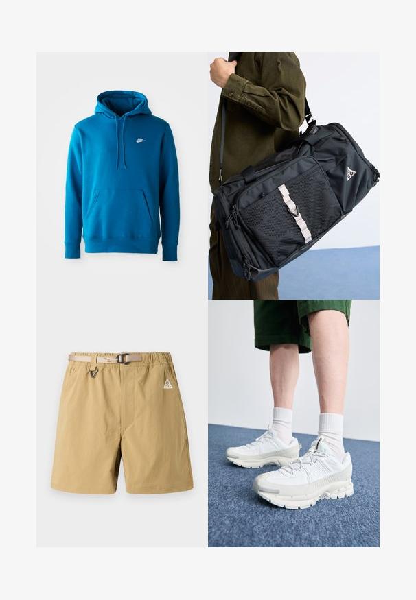 Moleton azul da Nike com bolso frontal e cordões, apresentando um pequeno logotipo branco da Nike no lado esquerdo do peito.; Bermudas beijas com cintura elástica e cinto ajustável, apresentando um pequeno logótipo e bolsos laterais. Feitas de tecido leve e texturizado.; Sapatos atléticos brancos com sobreposições texturizadas, sola espessa e detalhes em cinza. Usados com meias brancas até ao tornozelo e calções verdes sobre uma superfície azul.; Mala de desporto preta com um bolso de malha texturizada, alças brancas e logotipo. Fabricada em material durável e inclui uma alça de ombro ajustável.