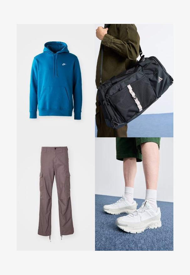 Blauer Nike-Hoodie mit Fronttasche und Kordelzügen, mit einem kleinen weißen Nike-Logo auf der linken Brust.; Cargo-Hosen aus einem strukturierten taupefarbenen Stoff, mit mehreren Seitentaschen, einem geraden Bein-Design und verstellbaren Riemen am Saum.; Weiße Sportschuhe mit strukturierten Überzügen, einer dicken Sohle und grauen Akzenten. Tragen mit weißen Crew-Socken und grünen Shorts auf einer blauen Oberfläche.; Schwarze Sporttasche mit einem strukturierten Netzfach, weißen Trägern und einem Logo-Element. Hergestellt aus robustem Material und ausgestattet mit einem verstellbaren Schultergurt.
