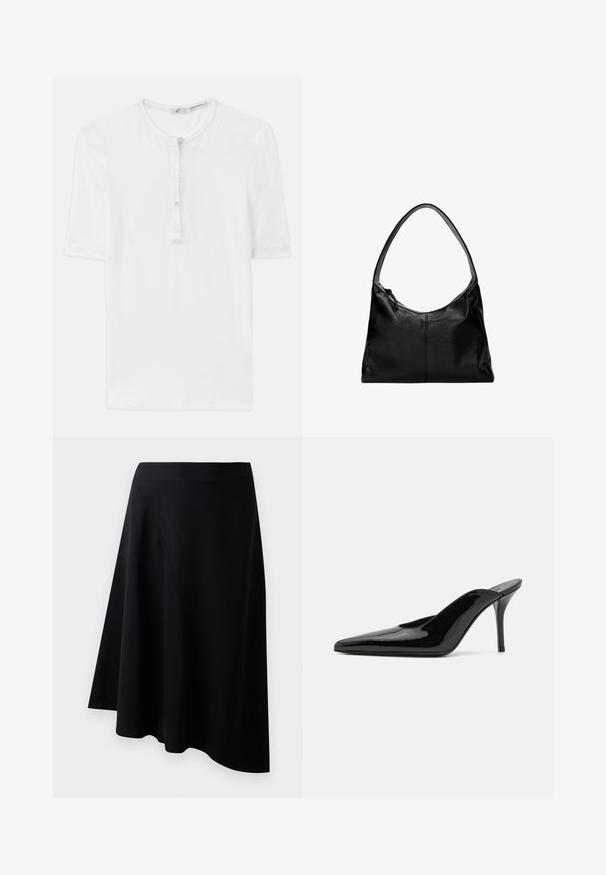 Bela kratka majica s kratkimi rokavi iz rebraste tkanine z okroglim izrezom in petimi gumbi. Mehka tekstura in sproščen kroj.; Črna A-linija krila izdelana iz gladkega materiala, z diagonalnim šivom in ohlapnim dizajnom, ki se nežno spušča na robu.; Črne patentirane čevlje s peto, z usko silhueto in koničastim nosom, z odprtim hrbtom in vitko stiletto peto.; Črna usnjena torba za ramo z gladko teksturo, ukrivljenim vrhom in enim trakom. Ima zadrgo in minimalističen dizajn.
