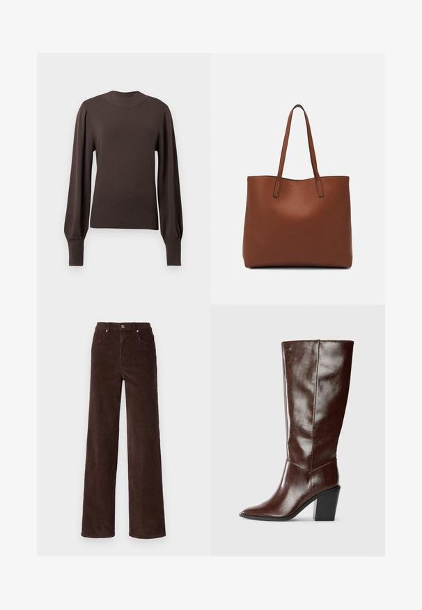 Smeđi pleteni pulover s visokim ovratnikom, dugim napuhanim rukavima i rebrastim manžetama. Glatka tekstura s prilagođenim siluetom.; Vero Moda VMTESSA WIDE PANTS - Hlače - chocolate torte; Visok tamno smeđi kožni čizm sa šiljastim vrhom i blok petom, prikazan s boka na jednostavnoj pozadini.; Smeđa kožna torba preko ramena s glatkom teksturom, otvorenim vrhom i dvjema naramenicama. Ima minimalne šavove i nema vidljivog hardvera.