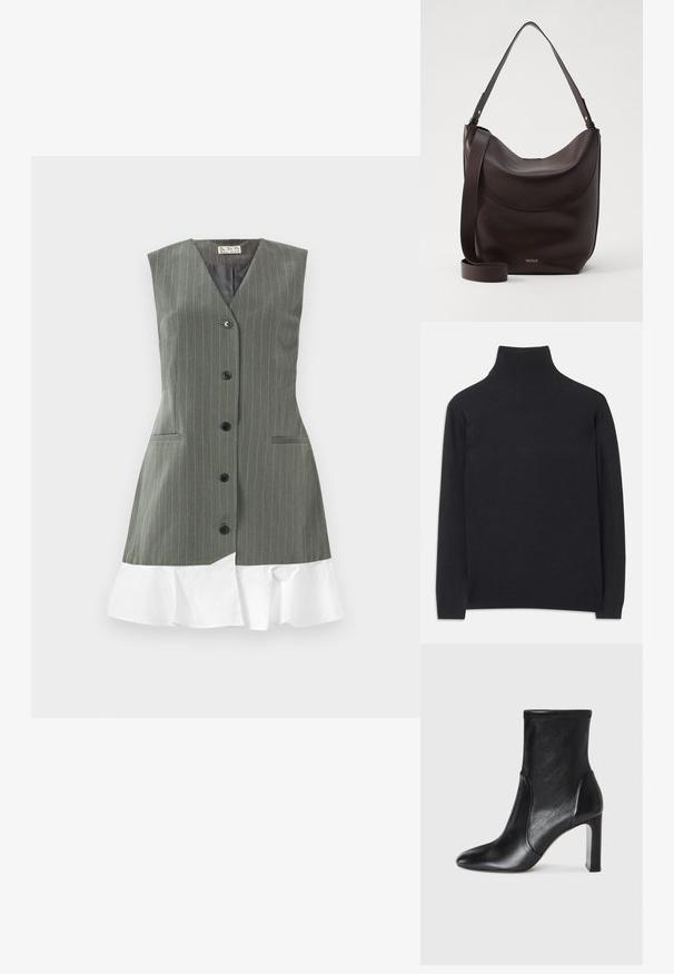 Juodas golfas, pagamintas iš minkštos medžiagos. Jis turi ilgomis rankovėmis, aukštu kaklu ir šonkauliniais rankogaliais bei apvadu, suteikiančiais prigludusį įvaizdį.; Pilkos, be rankovių, juostelėtos suknelės su juodais mygtukais priekyje ir balta volanėlių apdaila prieš paprastą foną.; Juodas odinis kulkšninis botas su elegantišku dizainu, smailiu pirštu ir aukštu blokiniu kulnu. Su lygiu paviršiumi ir minimalistišku siuvimo detaile.; Tamsiai rudas odinis peties krepšys su išlenktu siluetu, reguliuojama juosta ir subtiliu auksiniu logotipu. Lygus paviršius su minimaliais akcentais.