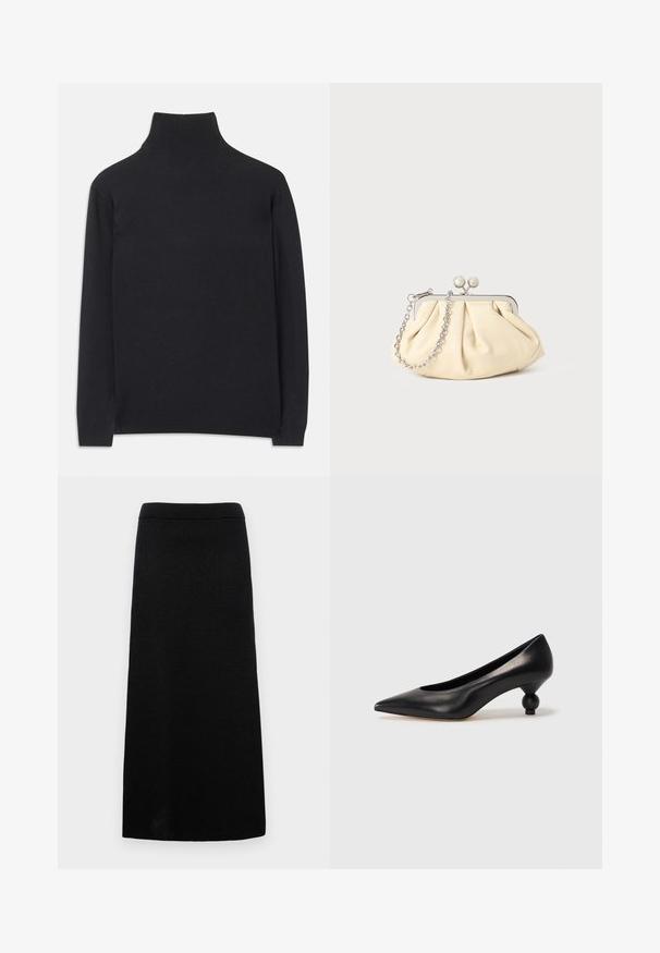 Melns augstais kakls džemperis no mīksta auduma. Tam ir garas piedurknes, augsts kakls un ribotas aproces un apakšmala, lai radītu pieguļošu izskatu.; Melna adīta svārku ar garu, taisnu siluetu. Iespējojama ribota tekstūra, plata josta un nav redzamu rakstu vai akcentu.; Melnas ādas augstpapēžu kurpes ar smailu purngalu un apaļu papēdi. Gluda tekstūra ar elegantu, minimālistisku dizainu.; Rūpīgi pleatota bežīga ādas somiņa ar sudraba metāla rāmi, kurai ir divas apaļas dekoratīvas sprādzes un sudraba ķēdes siksna.