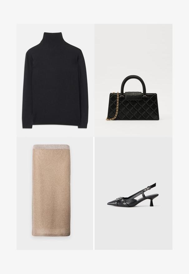 Pull à col roulé noir en tissu doux. Il dispose de manches longues, d'un col montant et de bords côtelés pour un look cintré.; Écharpe en maille beige avec un éclat subtil, finition texturée et un bord supérieur de couleur plus claire. Forme rectangulaire.; Chaussure slingback en cuir noir avec un bout pointu, des sangles décoratives avec œillets en métal et un petit talon carré. Surface texturée.; Sac à main noir en cuir texturé, avec un motif en diamant, une sangle en chaîne dorée, et une poignée supérieure avec un rabat à fermeture logotypée.
