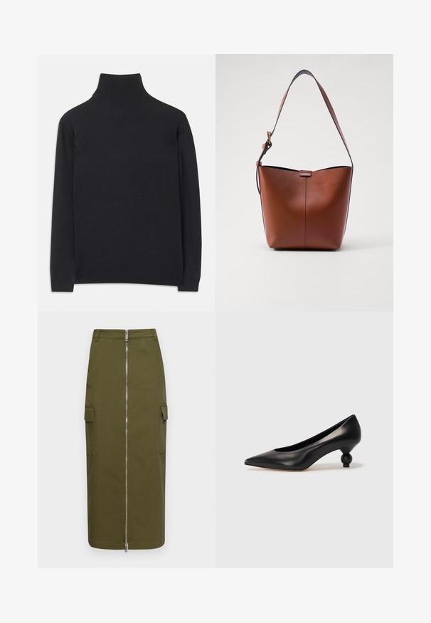 Black turtleneck sweater made of soft fabric. Features long sleeves, a high neck, and ribbed cuffs and hem for a fitted look.; Olive green cargo skirt made of cotton blend, featuring a central zip closure and two side pockets for added utility.; Black leather high heel shoe with a pointed toe and a round, balled heel. Smooth texture with a sleek, minimal design.; Brown leather shoulder bag with a curved shape, smooth texture, and a single thin strap. Features a subtle seam and a small logo detail.