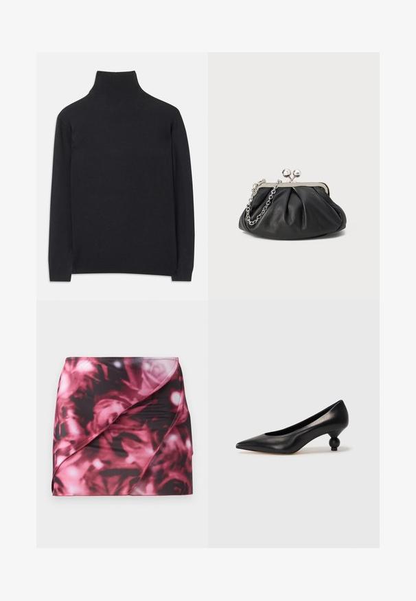 Schwarzer Rollkragenpullover aus weichem Material. Mit langen Ärmeln, einem hohen Kragen und gerippten Bündchen und Saum für einen figurbetonten Look.; Kurzer, taillierter Rock im schwarz-pinken Blumenmuster. Hergestellt aus glattem, dehnbarem Material mit einem diagonalen Wickeldesign und genähtem Saum.; Schwarze Leder-Pumps mit spitzem Zehenbereich und runder, ballförmiger Ferse. Glatte Textur mit einem eleganten, minimalistischen Design.; Schwarze Leder-Clutch mit geraffter Textur, silberfarbener Metallrahmen, Druckverschluss und Kettenriemen. Glatte, weiche Oberfläche.