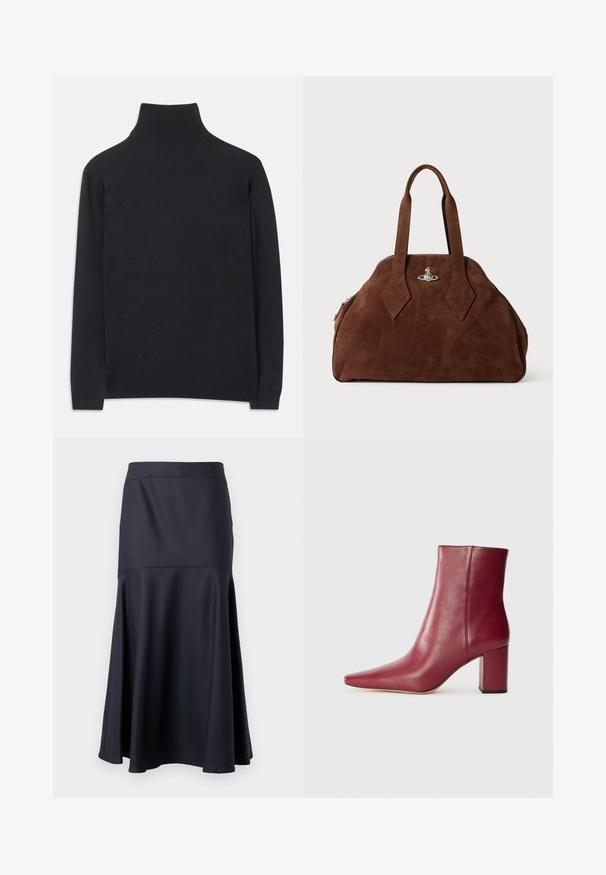 Čierny rolák z mäkkej tkaniny. Má dlhé rukávy, vysoký golier a rebrované manžety a lem pre priliehavý vzhľad.; Čierna sukňa s vysokým pásom a A-siluetou, s detailom švu pod bokmi, rozšírená smerom k spodnému okraju, vystavená na jednoduchom pozadí.; Burgundské kožené členkové topánky s úzkou špičkou, blokovým opätkom a hladkým povrchom, s bezšvovým dizajnom bez viditeľného hardvéru.; Hnedá semišová kabelka so štruktúrovaným tvarom, zaobleným telom a predĺženými rukoväťami v tvare diamantov. Obsahuje uzatváranie so striebornou hardvérovou sponou.