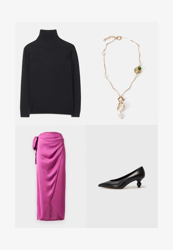 Čierny rolák z mäkkej tkaniny. Má dlhé rukávy, vysoký golier a rebrované manžety a lem pre priliehavý vzhľad.; Ružová obalová sukňa so zaväzovaním na boku, obsahujúca nakrátko prehnutú látku, hladký povrch a asymetrický lem. Ľahký materiál s prúdiacim dizajnom.; Čierna kožená vysoká topánka na podpätku s ostrým špičkou a okrúhlym, guľatým podpätkom. Hladký povrch s moderným, minimalistickým dizajnom.; Zlatý náhrdelník s prepletenými článkami, bielymi perlami a akcentom z zelenej kamene. Obsahuje zložitú detailnú prácu a zapínanie na zámok.