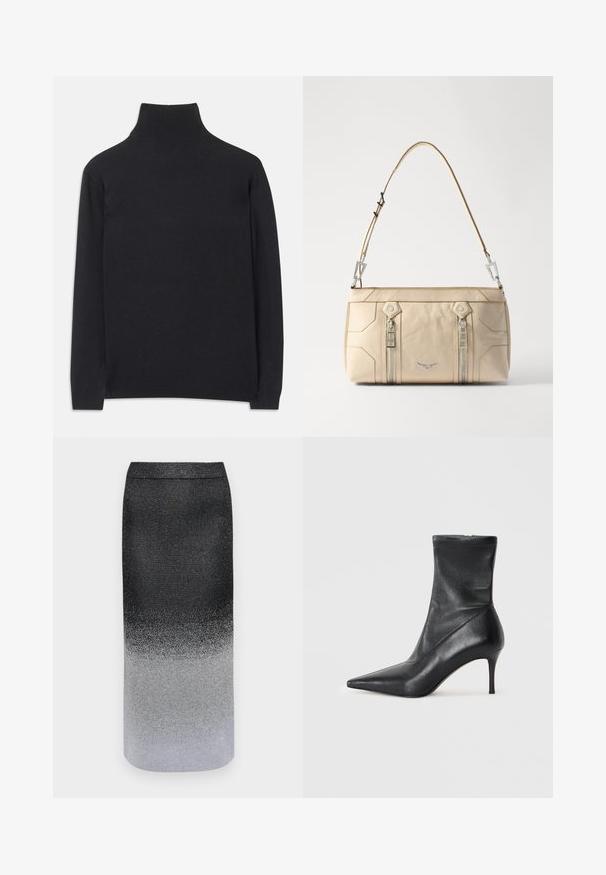 Juodas golfas, pagamintas iš minkštos medžiagos. Jis turi ilgomis rankovėmis, aukštu kaklu ir šonkauliniais rankogaliais bei apvadu, suteikiančiais prigludusį įvaizdį.; Metalinė sijonas su ombre dizainu, pereinančiu nuo juodos viršuje iki sidabrinės apačioje, su lygiu paviršiumi ir elegantiška forma.; Juodas odinis kulkšninis batas su smailiu pirštu, liekniu stiletto kulnu ir prigludusia, kaip kojinė, viršugalviu. Lygi tekstūra su minimaliais siuvimo spaudais.; Smėlio spalvos odinė rankinė su sidabriniais aksesuarais, dviem šoninėmis užtrauktukais, struktūruota dizaino forma ir nuimama petneša, suteikianti universalumą.