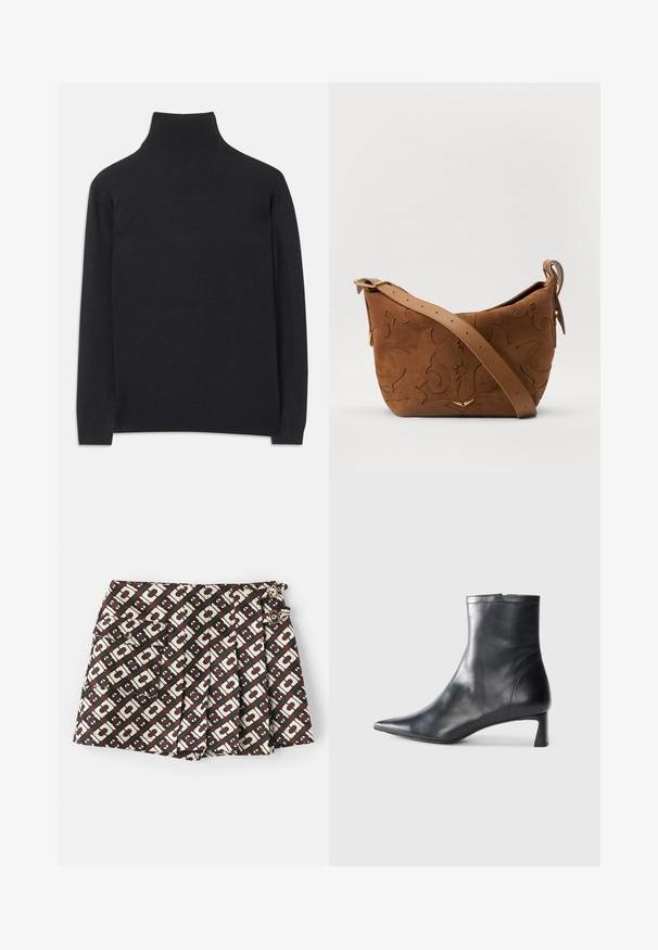 Maglione a collo alto nero realizzato in tessuto morbido. Caratterizzato da maniche lunghe, un collo alto e polsini e orlo a coste per un look aderente.; Pantaloni corti di marca con un motivo geometrico marrone e crema, due tasche laterali e dettagli in metallo dorato. Il tessuto ha una finitura liscia.; Stivaletto in pelle nera con punta affusolata e design elegante. Presenta un tacco basso e una chiusura con zip sul retro. Texture liscia.; Borsa a spalla in suede marrone con design floreale impresso, completata da una morbida tracolla in pelle marrone e dettagli in metallo dorato.