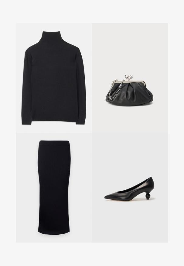 Czarny sweter z golfem wykonany z miękkiego materiału. Posiada długie rękawy, wysoki kołnierz oraz prążkowane mankiety i dół, co zapewnia dopasowany wygląd.; Czarna, prążkowana dzianinowa spódnica midi o dopasowanym kroju, z elastycznym pasem i prostym dołem. Gładka faktura na całej powierzchni.; Czarna skórzana szpilka z ostrym czubkiem i okrągłym, kulistym obcasem. Gładka tekstura z eleganckim, minimalistycznym wzornictwem.; Czarna skórzana kopertówka o marszczonej teksturze, srebrna metalowa rama, zamek na zatrzask i łańcuszek. Gładka, miękka powierzchnia.