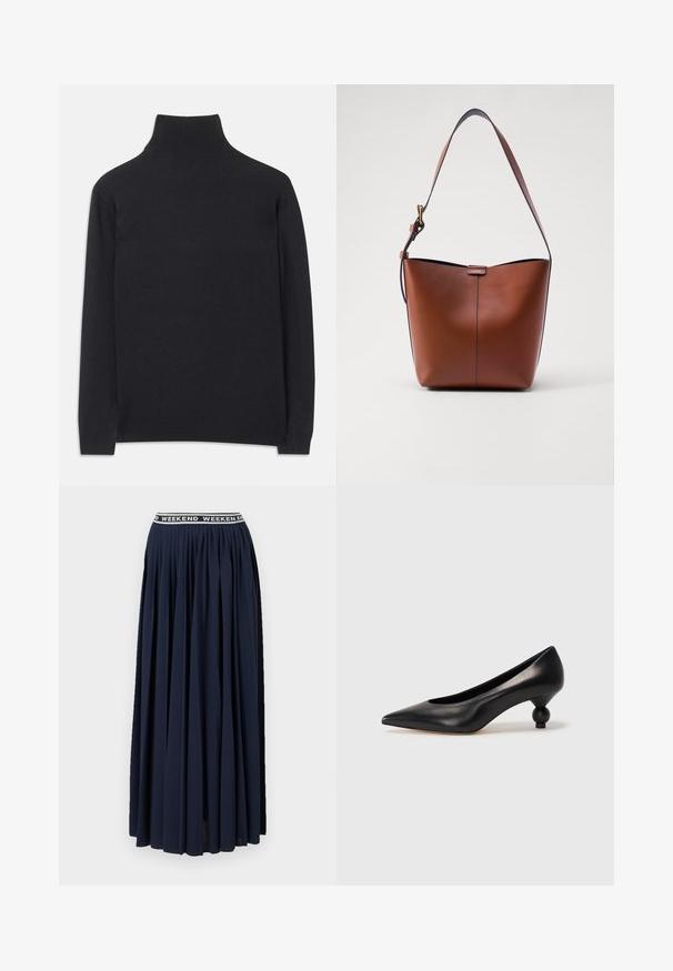 Zwarte coltrui gemaakt van zacht materiaal. Heeft lange mouwen, een hoge hals, en ribbelachtige boorden en onderkant voor een aansluitende look.; WEEKEND MaxMara BLEU - Maxirok - navy; Zwarte leren hoge hak schoen met een spitse neus en een ronde, bolle hak. Gladde textuur met een elegant, minimalistisch ontwerp.; Bruine leren schoudertas met een gebogen vorm, gladde textuur en een enkele dunne schouderband. Heeft een subtiele naad en een klein logo-detail.