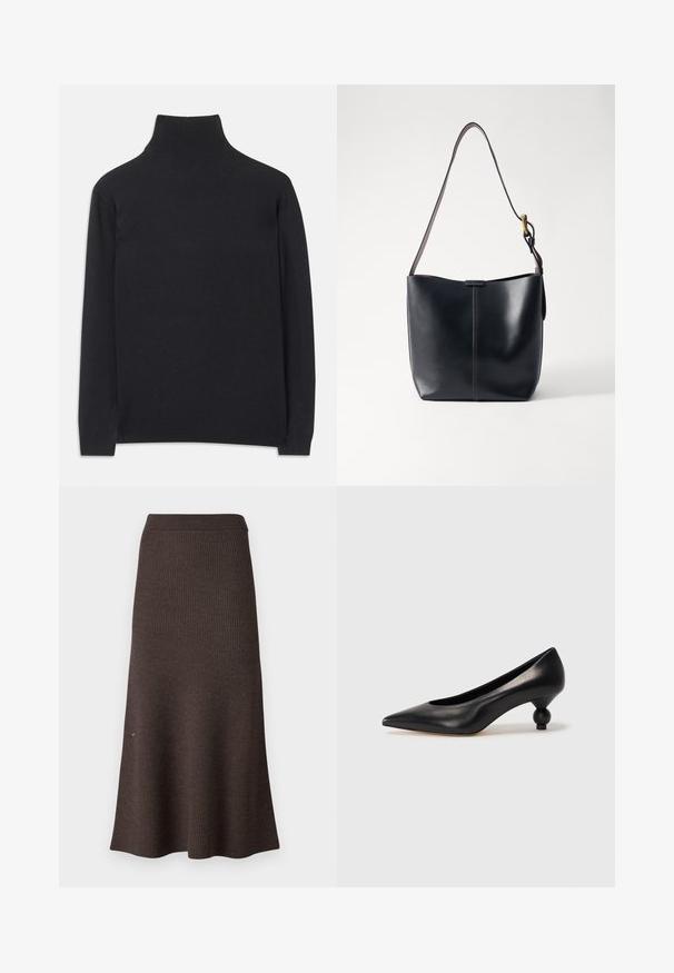 Pull à col roulé noir en tissu doux. Il dispose de manches longues, d'un col montant et de bords côtelés pour un look cintré.; Jupe en maille côtelée marron, de forme évasée et avec une taille élastique. La texture est douce, avec une finition lisse et des bords nets.; Chaussure à talon haut en cuir noir avec un bout pointu et un talon arrondi. Texture lisse avec un design épuré et minimal.; Sac à épaule en cuir noir avec une texture lisse, doté d'une fine bandoulière longue et d'un discret détail cousu au centre.