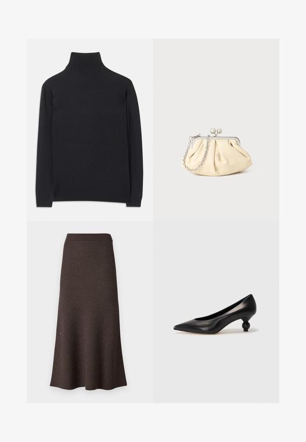Must zwart pullovers, mis pehmeast kangast. Omab pikki varrukaid, kõrget kaelanupukest ning soonikute äärte ja alläärtega, et tagada mugav istuvus.; Ribaga, pruun kudumiskleit, millel on laienev kuju ja elastne vöökoht. Tekstuur on pehme, sileda pinnaga ja puhaste servadega.; Must musta kõrge kontsaga king, millel on terav nina ja ümar, pallikujuline konts. Sile pind ja elegantne, minimalistlik disain.; Kortsus beežist nahast kotike, millel on hõbedane metallraam, kaunistatud kahe ümmarguse dekoratiivse lukuga ja hõbedase ketispideme.