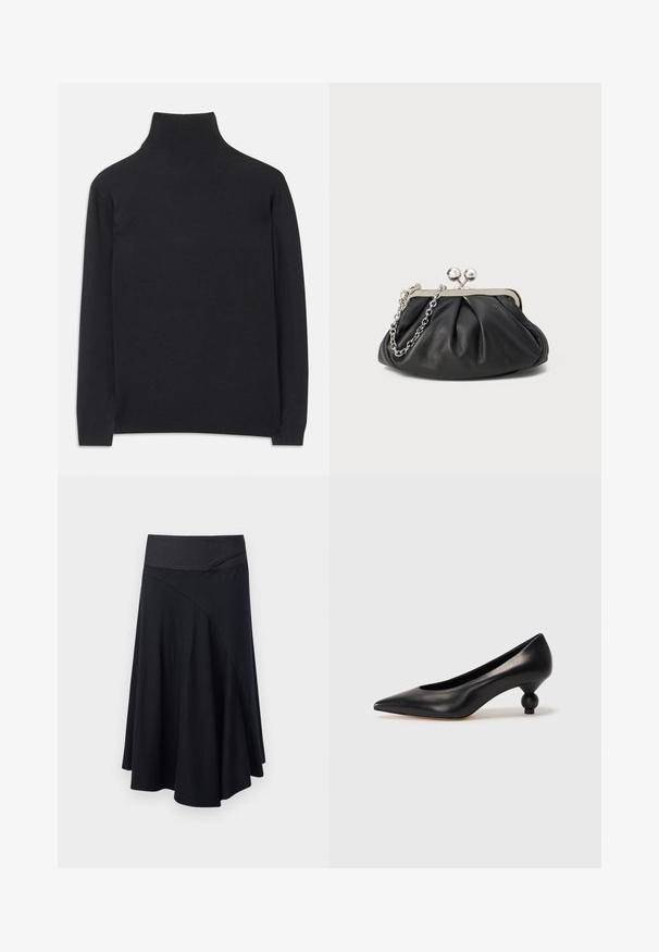 Musta poolkaelune sviiter, mis on valmistatud pehmest kangast. Omab pikki varrukaid, kõrget kaela ja soonikkoes mansette ning alläänt, mis tagavad keha lähedase ilme.; Musta A-linja hame, jossa on istuva vyötärö, pehmeä rakenne ja kulmikaulujourut, levenee vyötäröltä polven pituiseen helmaan.; Musta nahkakengät korkealla korolla, joissa on terävä kärki ja pyöreä, pallomainen korko. Sileä pinta ja tyylikäs, minimalistinen muotoilu.; Mustan nahkainen clutch, jossa on rypistetty rakenne, hopeanvärinen metallikehys, suukko-lukko ja ketjuhihna. Sileä, pehmeä pinta.