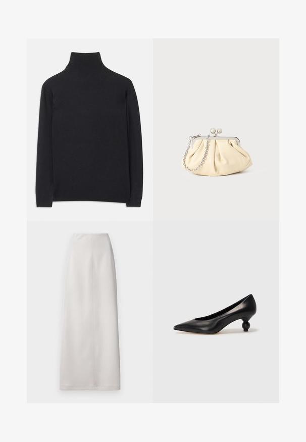 Musta poolkaelune sviiter, mis on valmistatud pehmest kangast. Omab pikki varrukaid, kõrget kaela ja soonikkoes mansette ning alläänt, mis tagavad keha lähedase ilme.; Korkeavyötäröinen, lattiaan saakka ulottuva hame vaaleanharmaasta kankaasta, jossa on sileä pinta ja minimaalinen saumaus. Hameessa on suora leikkaus, eikä siinä ole näkyviä kiinnityksiä.; Musta nahkakengät korkealla korolla, joissa on terävä kärki ja pyöreä, pallomainen korko. Sileä pinta ja tyylikäs, minimalistinen muotoilu.; Beige nahkaista kassi, jossa on laskostus ja hopeinen metallirunko, kaksi pyöreää koristeellista solkea sekä hopeaketjuolkayh.