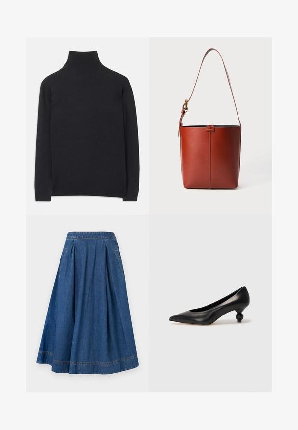 Pulover negru cu guler înalt, fabricat dintr-un material moale. Are mâneci lungi, un guler înalt și manșete și tiv cu dantelă pentru un aspect ajustat.; Fustă din denim cu un design evazat, de culoare albastru închis, și plisuri. Are un brâu și buzunare laterale cu detalii de cusătură contrastante.; Pantofii cu toc înalt din piele neagră, cu vârf ascuțit și toc rotund, mimos. Textură netedă, cu un design elegant și minimalist.; Geantă de mână din piele maro, cu m解除at la umăr reglabil și cataramă aurie, detaliu simplu cu cusătura verticală pe față.