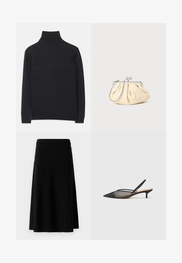 Suéter preto de gola alta feito de um tecido macio. Apresenta mangas longas, uma gola alta, e punhos e bainha canelados para um ajuste ajustado.; Saias preta até aos joelhos com corte reto e fenda lateral, exibida contra um fundo branco.; NEOUS IRENA - Saltos clássicos - black; Clutch de couro bege plissado com uma estrutura de metal prateado, apresentando dois fechos decorativos redondos e uma alça de corrente prateada.
