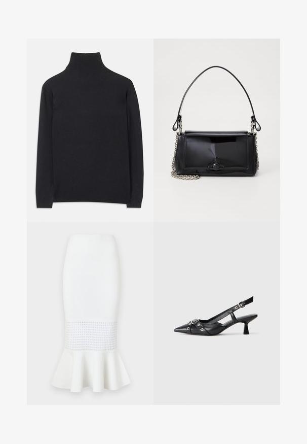 Suéter preto de gola alta feito de um tecido macio. Apresenta mangas longas, uma gola alta, e punhos e bainha canelados para um ajuste ajustado.; Saias midi brancas feitas de tecido canelado, com um painel de malha na bainha e uma parte inferior com evasê. Textura suave com recortes circulares.; Sapato slingback em couro preto com biqueira fina, tiras decorativas com ilhós de metal e um pequeno salto quadrado. Superfície texturizada.; Bolsa de mão em verniz preto com formato retangular, alça de corrente e um detalhe de hardware distinto no centro. Textura suave.