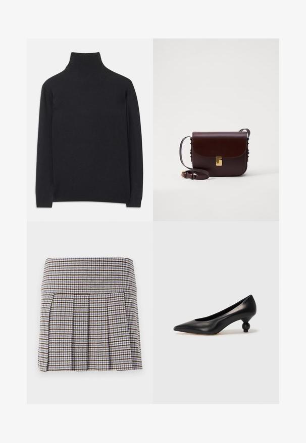 Pulover negru cu guler înalt, fabricat dintr-un material moale. Are mâneci lungi, un guler înalt și manșete și tiv cu dantelă pentru un aspect ajustat.; Fustă plisată într-un model cu carouri maro, bej și albastru. Fabricată dintr-un material texturat, cu un talie ajustată și pliuri decorative.; Pantofii cu toc înalt din piele neagră, cu vârf ascuțit și toc rotund, mimos. Textură netedă, cu un design elegant și minimalist.; Geantă din piele maro cu închidere cu clapetă, accesorii aurii și curea reglabilă. Dispune de o textură netedă și o formă rectangulară elegantă.
