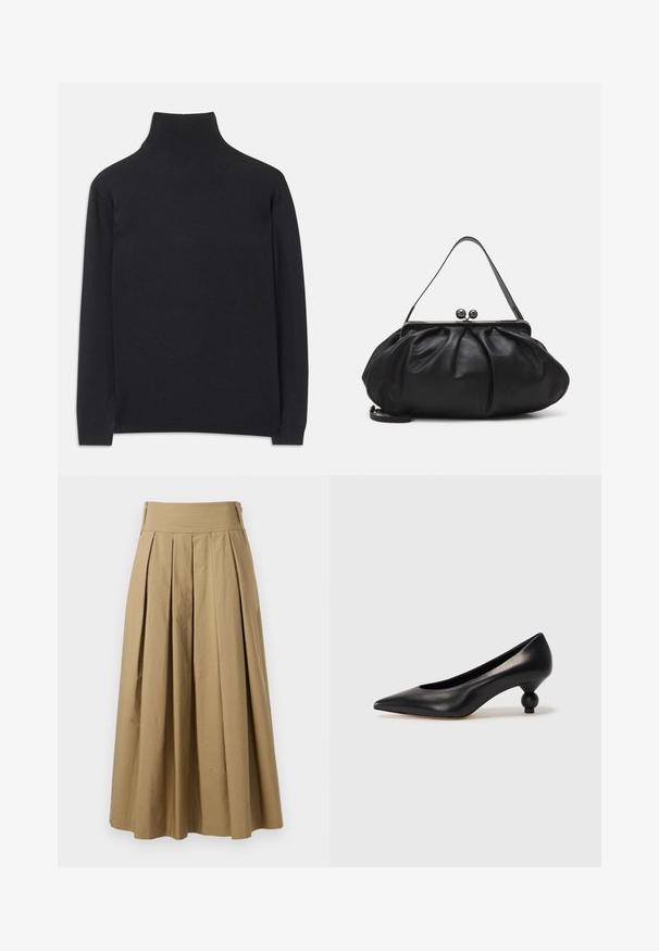 Svart polotröja i mjukt tyg. Har långa ärmar, hög krage och ribbade ärmar och nederkant för en figurnära look.; Khaki plisserad kjol med hög midja, tillverkad av bomull. Har en sval design och fållarna avslutas med subtila sömnadsdetaljer.; Svart läderhögklackad sko med spetsig tå och rund, bollformad klack. Slät yta med en elegant, minimalistisk design.; Svart läderhandväska med en rundad, veckad design. Har ett metallspänne med två dekorativa kulor och en smal, avtagbar rem.