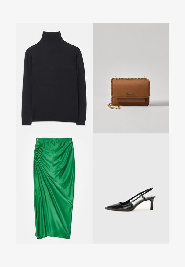 Čierny rolák z mäkkej tkaniny. Má dlhé rukávy, vysoký golier a rebrované manžety a lem pre priliehavý vzhľad.; Zelená saténová maxi sukňa s nariaseným dizajnom, s piatimi dekoratívnymi striebornými gombíkmi na strane a elastickým pásom.; Čierne patentové slingback topánky na ihlovom podpätku s špicatou špičkou, s textúrovaným hadím vzorom, nastaviteľným popruhom a krátkym, textúrovaným blokovým podpätkom.; Hnedá textúrovaná kožená taška cez telo s zlatým reťazovým popruhom a preklopným uzáverom. Predná strana obsahuje detail s logom a vrecko pod preklopkou.