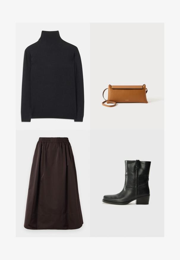 Črn pulover z visoko ovratnikom, izdelan iz mehkega materiala. Ima dolge rokave, visoko ovratnik ter rebraste manšete in rob, kar daje prilegajoč videz.; Rjava midi dolžine krila z elastičnim pasom in širokim robom, izdelano iz gladkega materiala z diskretnimi naborki pod pasom.; Črne usnjene gležnjarje z zaobljenim nosom, blok peto, stransko zadrgo in šivanjem na vampu. Gladka tekstura, klasična zasnova.; Rjava usnjena torbica, pravokotne oblike, teksturirana površina, snemljiva zanka, zadrga, diskretno logotip vtisnjen spredaj.