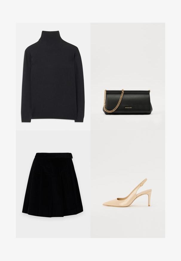 Schwarzer Rollkragenpullover aus weichem Material. Mit langen Ärmeln, einem hohen Kragen und gerippten Bündchen und Saum für einen figurbetonten Look.; Weekend Max Mara ZUCCA - A-Linien-Rock - nero; Nude patentleder Slingback-Absatzschuh mit spitzer Zehenpartie, offenem Vorderblatt und dünnem Stiletto-Absatz. Verfügt über ein kreisförmiges goldfarbenes Akzent auf dem Riemen.; Schwarze Leder-Clutch mit einer goldenen Ketten-Trage, die eine glatte Oberfläche, rechteckige Form und geprägtes Branding auf der Vorderseite aufweist.