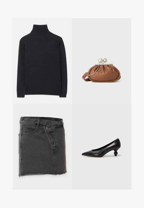 Schwarzer Rollkragenpullover aus weichem Material. Mit langen Ärmeln, einem hohen Kragen und gerippten Bündchen und Saum für einen figurbetonten Look.; Schwarzer Denim-Minirock mit frontalen Taschen, Gürtelschlaufen, Knopfverschluss und rohem Saumdetail.; Schwarze Leder-Pumps mit spitzem Zehenbereich und runder, ballförmiger Ferse. Glatte Textur mit einem eleganten, minimalistischen Design.; Braune Leder-Clutch mit silbernem Kugelverschluss und einem kleinen silbernen Kettendetail auf weißem Hintergrund.