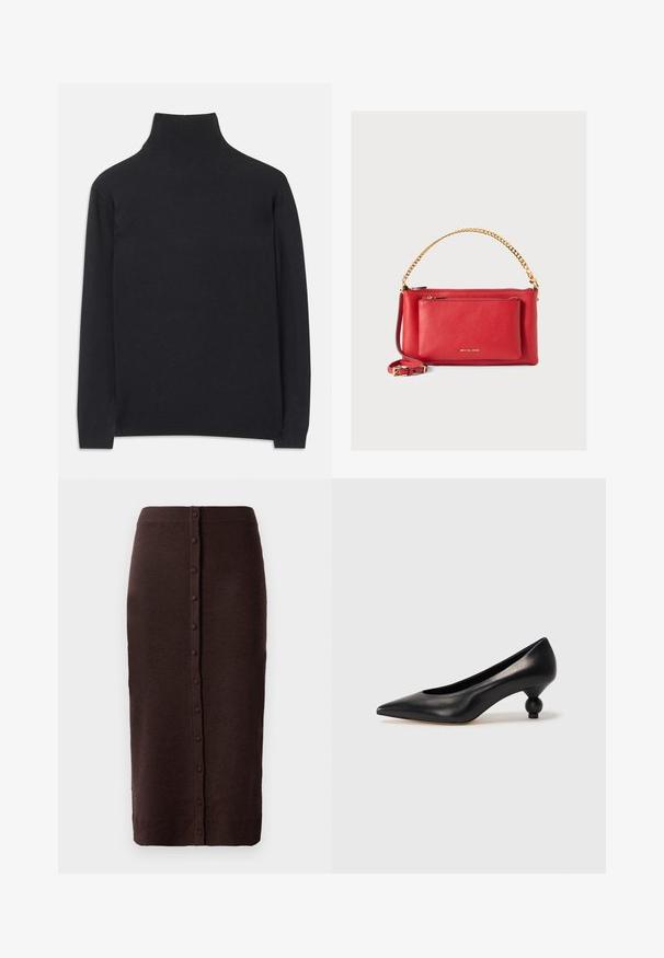 Black turtleneck sweater made of soft fabric. Features long sleeves, a high neck, and ribbed cuffs and hem for a fitted look.; Brown knitted skirt with a ribbed waistband and a straight cut. Features a center button placket running the length of the back.; Black leather high heel shoe with a pointed toe and a round, balled heel. Smooth texture with a sleek, minimal design.; Red leather handbag with a textured finish, gold chain and strap, front zipper pocket, and embossed logo. Compact and structured design.