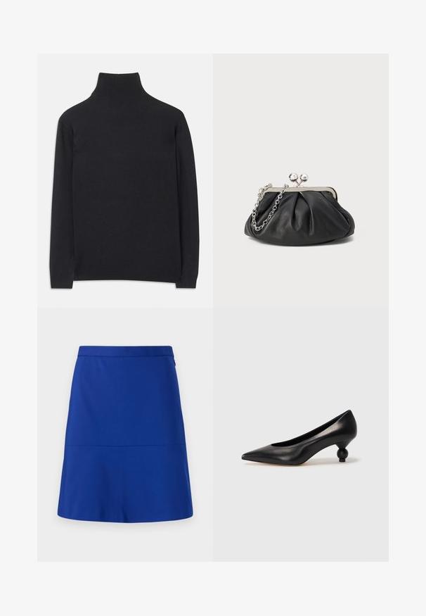 Must zwart pullovers, mis pehmeast kangast. Omab pikki varrukaid, kõrget kaelanupukest ning soonikute äärte ja alläärtega, et tagada mugav istuvus.; Sinine seelik sileda kangaga, millel on selgelt määratletud vöökoht ja lihtne, laienev disain ilma kaunistuste või mustriteta.; Must musta kõrge kontsaga king, millel on terav nina ja ümar, pallikujuline konts. Sile pind ja elegantne, minimalistlik disain.; Musthave musta nahast käekott, millel on volditud tekstuur, hõbedane metallraam, lukustatud sulgemismehhanism ja kett. Sile ja pehme pind.