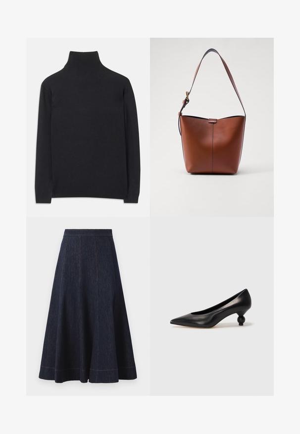 Pull à col roulé noir en tissu doux. Il dispose de manches longues, d'un col montant et de bords côtelés pour un look cintré.; Jupe en denim bleu foncé avec une silhouette évasée, présentant des détails de couture verticaux et des coutures orange contrastantes le long de l'ourlet.; Chaussure à talon haut en cuir noir avec un bout pointu et un talon arrondi. Texture lisse avec un design épuré et minimal.; Sac à épaule en cuir marron avec une forme courbée, texture lisse et une seule sangle fine. Présente une couture subtile et un petit logo.