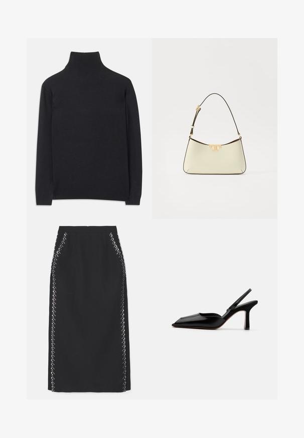 Melns augstais kakls džemperis no mīksta auduma. Tam ir garas piedurknes, augsts kakls un ribotas aproces un apakšmala, lai radītu pieguļošu izskatu.; Melns zīmulis svārki ar gludu tekstūru, ar dimanta rakstu no atstarojošām rotājumiem gar sānu šuvēm. Pielāgota piegriezuma.; Melnas ādas slingback kurpes ar norādītu purngalu, minimālisma dizainu, plānu potītes jostu un elegantām stiletto papēžiem. Gluda tekstūra.; Kriemeļkrāsas ādas rokassoma ar izliekta formas dizainu. Iespējo zelta toņa logotipa uzsvars un plāna, regulējama tumša siksna.