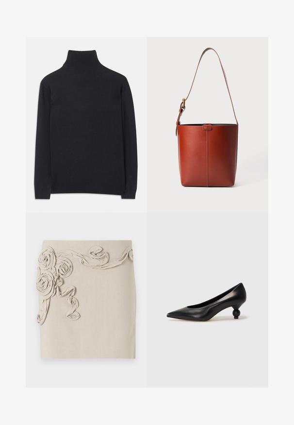 Zwarte coltrui gemaakt van zacht materiaal. Heeft lange mouwen, een hoge hals, en ribbelachtige boorden en onderkant voor een aansluitende look.; Beige linnen rok met textuur, stoffen rozetten applicaties en draaiende lintdetails voor een dimensionele uitstraling. Gladde afwerking.; Zwarte leren hoge hak schoen met een spitse neus en een ronde, bolle hak. Gladde textuur met een elegant, minimalistisch ontwerp.; Bruine lederen emmerzak met verstelbare schouderband en gouden gesp, eenvoudige verticale naaddetails aan de voorkant.