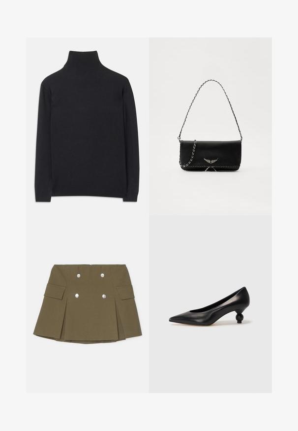 Černý rolák vyrobený z měkké tkaniny. Má dlouhé rukávy, vysoký límec a žebrované manžety a lem pro přiléhavý vzhled.; Olivově zelená minisukně vyrobená z texturované látky, s dvojitým stříbrným knoflíkovým zapínáním a bočními kapsami s sklady.; Černá kožená vysoká bota na podpatku s špičatou špičkou a kulatým, zaobleným podpatkem. Hladká textura s elegantním, minimalistickým designem.; Černá kožená kabelka se stříbrným řetízkovým popruhem, zdobená dekorativními křídly a bílým prošíváním podél spodního švu.